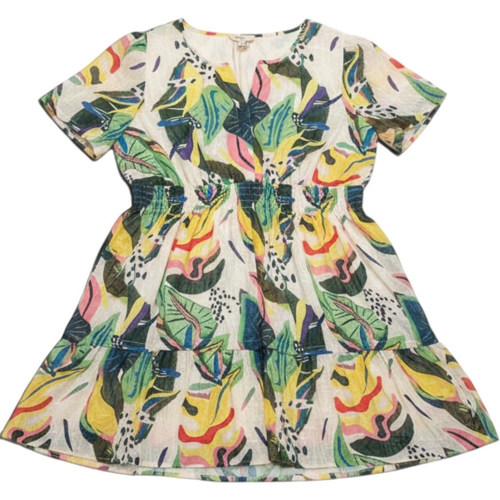 Ott Women 3X Multicolor Abstract Tropical Leaf Smocked Tiered Ruffle Dress NEW